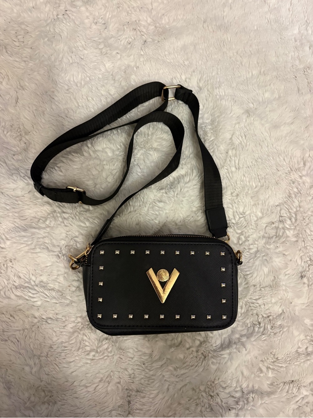 Valentino Orlandi Black Crossbody with Gold V Emblem and Studs